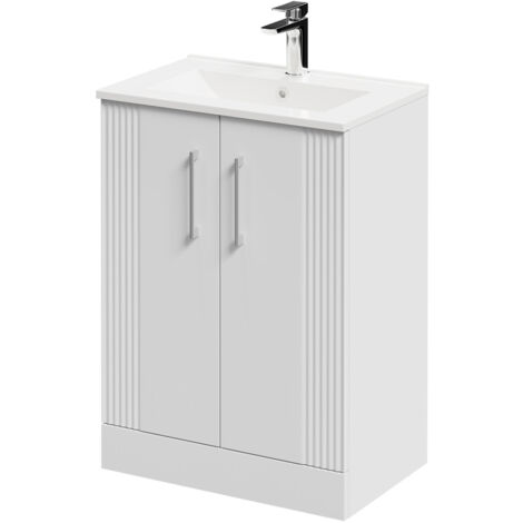 Wholesale Domestic Avant Satin White 600mm Floor Standing Vanity Unit with 1 Tap Hole Minimalist Basin and 2 Doors with Polished Chrome Handles
