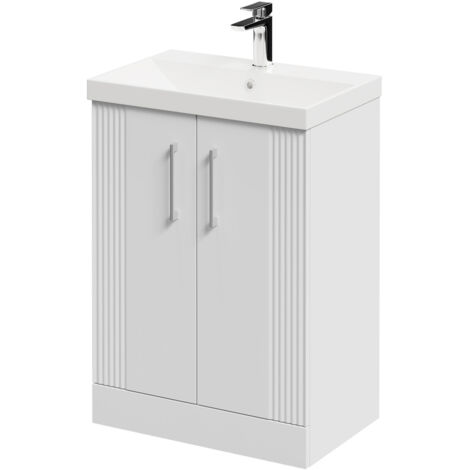 Wholesale Domestic Avant Satin White 600mm Floor Standing Vanity Unit with 1 Tap Hole Slim Edge Basin and 2 Doors with Polished Chrome Handles