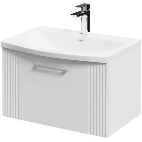 Wholesale Domestic Avant Satin White 600mm Wall Mounted Vanity Unit with 1 Tap Hole Curved Basin and Single Drawer with Polished Chrome Handle