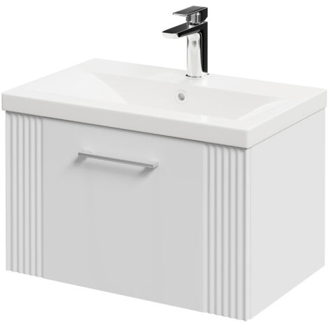 Wholesale Domestic Avant Satin White 600mm Wall Mounted Vanity Unit with 1 Tap Hole Mid Edge Basin and Single Drawer with Polished Chrome Handle