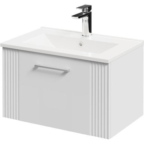 Wholesale Domestic Avant Satin White 600mm Wall Mounted Vanity Unit with 1 Tap Hole Minimalist Basin and Single Drawer with Polished Chrome Handle
