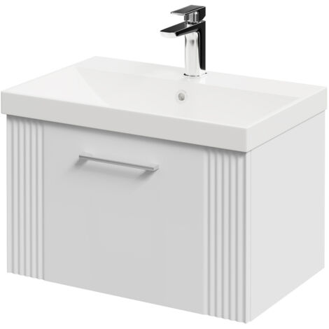 Wholesale Domestic Avant Satin White 600mm Wall Mounted Vanity Unit with 1 Tap Hole Slim Edge Basin and Single Drawer with Polished Chrome Handle