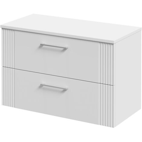 Wholesale Domestic Avant Satin White 800mm Wall Mounted Vanity Unit for Countertop Basins with 2 Drawers and Polished Chrome Handles
