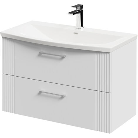 Wholesale Domestic Avant Satin White 800mm Wall Mounted Vanity Unit with 1 Tap Hole Curved Basin and 2 Drawers with Polished Chrome Handles