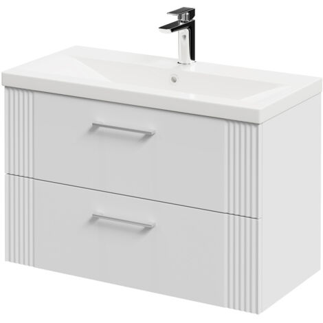 Wholesale Domestic Avant Satin White 800mm Wall Mounted Vanity Unit with 1 Tap Hole Mid Edge Basin and 2 Drawers with Polished Chrome Handles