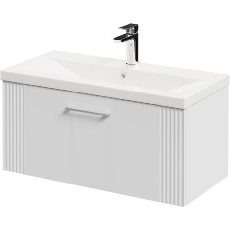 Wholesale Domestic Avant Satin White 800mm Wall Mounted Vanity Unit with 1 Tap Hole Mid Edge Basin and Single Drawer with Polished Chrome Handle