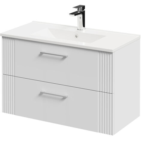 Wholesale Domestic Avant Satin White 800mm Wall Mounted Vanity Unit with 1 Tap Hole Minimalist Basin and 2 Drawers with Polished Chrome Handles