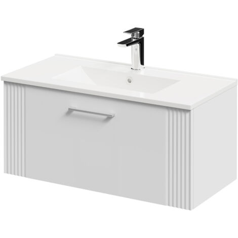 Wholesale Domestic Avant Satin White 800mm Wall Mounted Vanity Unit with 1 Tap Hole Minimalist Basin and Single Drawer with Polished Chrome Handle