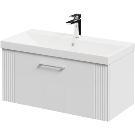 Wholesale Domestic Avant Satin White 800mm Wall Mounted Vanity Unit with 1 Tap Hole Slim Edge Basin and Single Drawer with Polished Chrome Handle