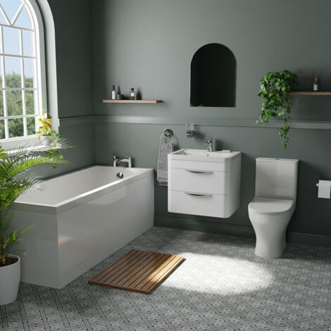 Wholesale Domestic Avon Gloss White 600mm Vanity and 1700mm Straight Single Ended Bathroom Suite including Taps and Wastes