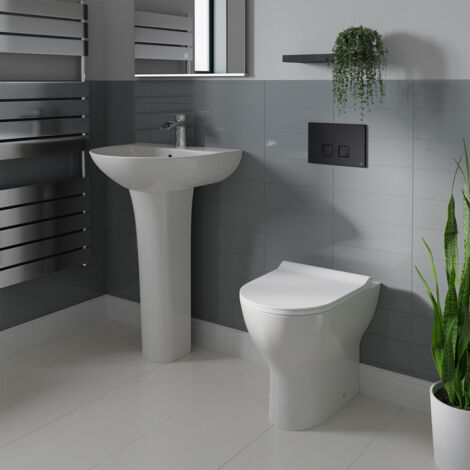 Wholesale Domestic Bailey 550mm Full Pedestal Basin and Back to Wall Toilet Suite with High In Wall Concealed Cistern and Black Flush Plate