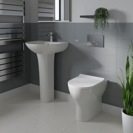 Wholesale Domestic Bailey 550mm Full Pedestal Basin and Back to Wall Toilet Suite with High In Wall Concealed Cistern and Polished Chrome Flush Plate