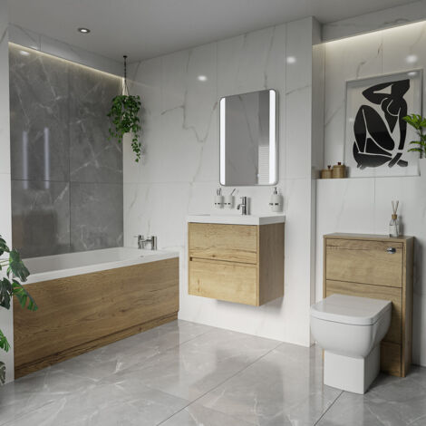 Wholesale Domestic Barton 1500mm x 700mm Slim Edge Straight Single Ended Bathroom Suite including Autumn Oak Furniture Set with Slim Edge Basin