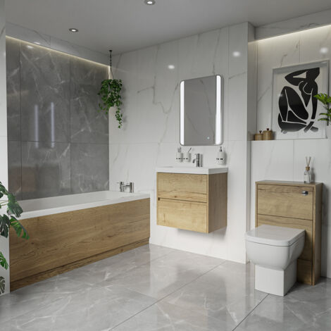Wholesale Domestic Barton 1700mm x 700mm Slim Edge Straight Single Ended Bathroom Suite including Autumn Oak Furniture Set with Slim Edge Basin