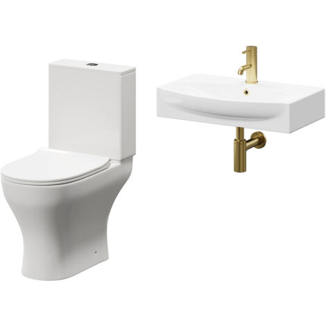 Wholesale Domestic Cambra 600mm Wall Hung Basin and Toilet Suite including Round Brushed Brass Bottle Trap and Open Back Toilet