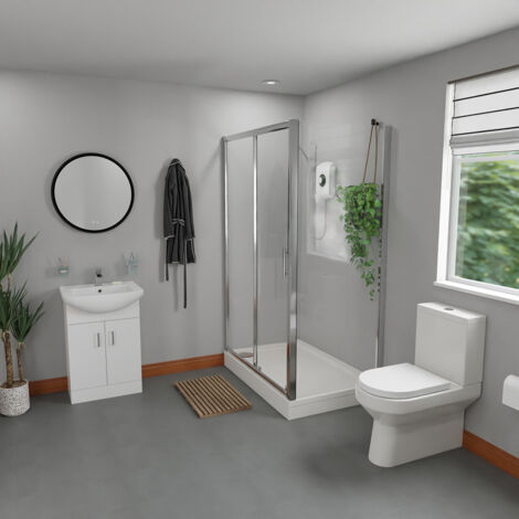 Wholesale Domestic Carter Gloss White 550mm Vanity and Chrome 1200mm x 800mm Sliding Door Shower Enclosure Bathroom Suite including Rectangular Tray