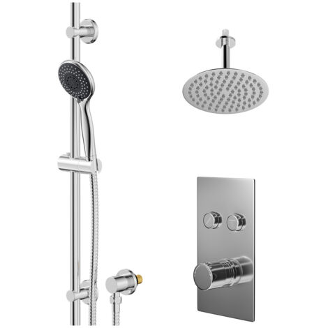 Wholesale Domestic Circo Polished Chrome Concealed Push Button Twin Shower Valve and 200mm Thin Round Fixed Head with 150mm Ceiling Arm and Clyde Slide Rail Kit with Round Elbow - 2 Outlet