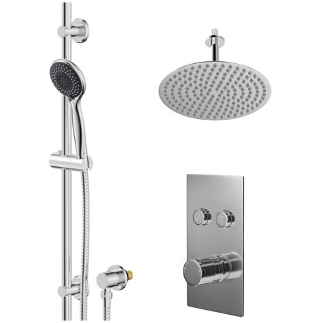 Wholesale Domestic Circo Polished Chrome Concealed Push Button Twin Shower Valve and 300mm Thin Round Fixed Head with 150mm Ceiling Arm and Clyde Slide Rail Kit with Round Elbow - 2 Outlet