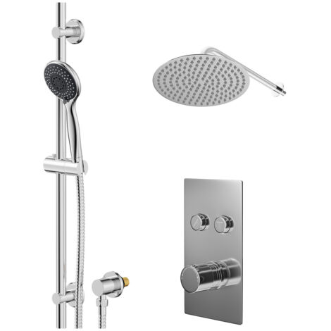 Wholesale Domestic Circo Polished Chrome Concealed Push Button Twin Shower Valve and 300mm Thin Round Fixed Head with Wall Arm and Clyde Slide Rail Kit with Round Elbow - 2 Outlet