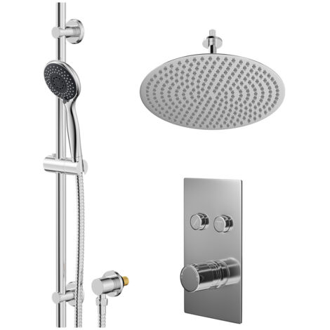 Wholesale Domestic Circo Polished Chrome Concealed Push Button Twin Shower Valve and 400mm Thin Round Fixed Head with 150mm Ceiling Arm and Clyde Slide Rail Kit with Round Elbow - 2 Outlet