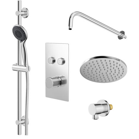 Wholesale Domestic Circo Polished Chrome Concealed Push Button Twin Thermostatic Shower Valve and 200mm Round Fixed Head with Wall Arm and Clyde Slide Rail Kit with Round Elbow - 2 Outlet