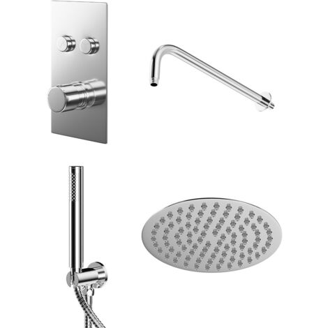 Wholesale Domestic Circo Polished Chrome Concealed Push Button Twin Thermostatic Shower Valve Including Round Fixed Shower Head and Round Shower Outlet Holder with Kit - 2 Outlet