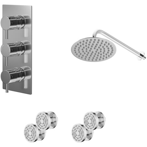 Wholesale Domestic Circo Polished Chrome Concealed Triple Thermostatic Shower Valve and 200mm Round Head with 345mm Wall Arm and 4 Body Jets - 2 Outlet