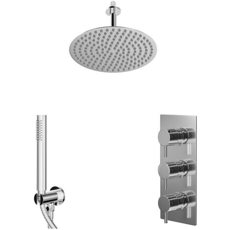 Wholesale Domestic Circo Polished Chrome Concealed Triple Thermostatic Shower Valve and 300mm Round Head with 150mm Ceiling Arm and Outlet Holder with Kit - 2 Outlet