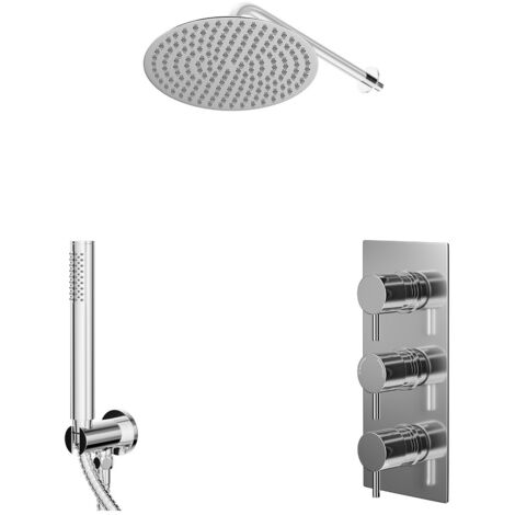 Wholesale Domestic Circo Polished Chrome Concealed Triple Thermostatic Shower Valve and 300mm Round Head with 345mm Wall Arm and Outlet Holder with Kit - 2 Outlet