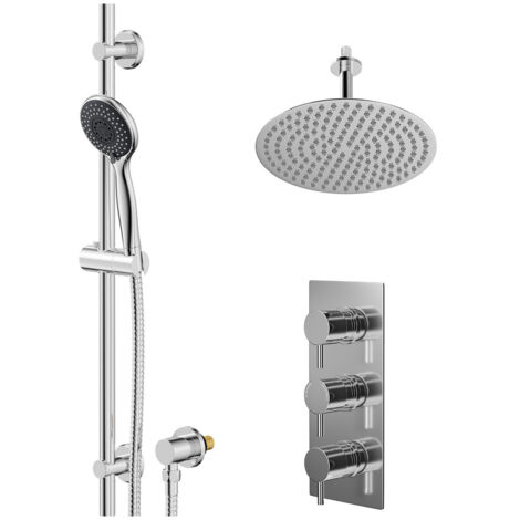 Wholesale Domestic Circo Polished Chrome Concealed Triple Thermostatic Shower Valve and 300mm Thin Round Fixed Head with 150mm Ceiling Arm and Clyde Slide Rail Kit with Round Elbow - 2 Outlet