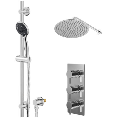 Wholesale Domestic Circo Polished Chrome Concealed Triple Thermostatic Shower Valve and 300mm Thin Round Fixed Head with Wall Arm and Clyde Slide Rail Kit with Round Elbow - 2 Outlet