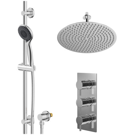 Wholesale Domestic Circo Polished Chrome Concealed Triple Thermostatic Shower Valve and 400mm Thin Round Fixed Head with 150mm Ceiling Arm and Clyde Slide Rail Kit with Round Elbow - 2 Outlet