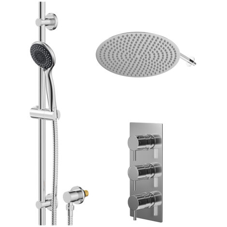 Wholesale Domestic Circo Polished Chrome Concealed Triple Thermostatic Shower Valve and 400mm Thin Round Fixed Head with Wall Arm and Clyde Slide Rail Kit with Round Elbow - 2 Outlet