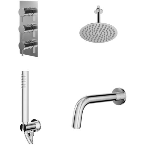 Wholesale Domestic Circo Polished Chrome Concealed Triple Thermostatic Shower Valve with Diverter and 200mm Round Head with 150mm Ceiling Arm and Clyde Slide Rail Kit with Bath Spout - 3 Outlet