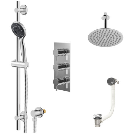 Wholesale Domestic Circo Polished Chrome Concealed Triple Thermostatic Shower Valve with Diverter and 200mm Round Head with 150mm Ceiling Arm and Clyde Slide Rail Kit with Free-Flow Bath Filler - 3 Ou