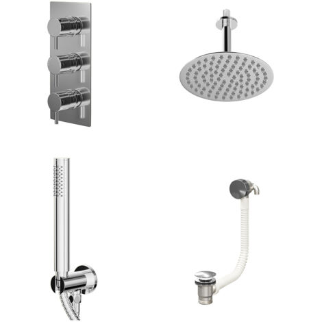 Wholesale Domestic Circo Polished Chrome Concealed Triple Thermostatic Shower Valve with Diverter and 200mm Round Head with 150mm Ceiling Arm and Outlet Holder with Kit and Free-Flow Bath Filler - 3 O