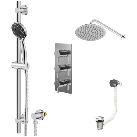 Wholesale Domestic Circo Polished Chrome Concealed Triple Thermostatic Shower Valve with Diverter and 200mm Round Head with 345mm Wall Arm and Clyde Slide Rail Kit with Free-Flow Bath Filler - 3 Outle