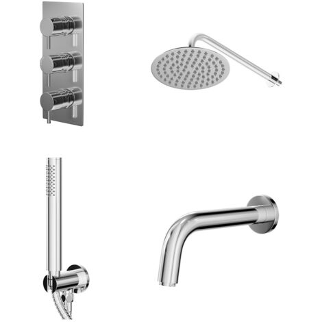 Wholesale Domestic Circo Polished Chrome Concealed Triple Thermostatic Shower Valve with Diverter and 200mm Round Head with 345mm Wall Arm and Outlet Holder with Kit and Bath Spout - 3 Outlet