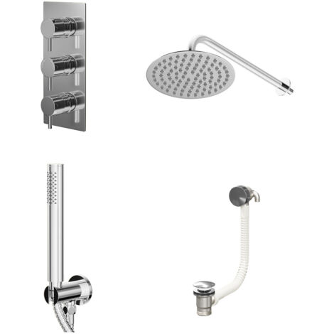Wholesale Domestic Circo Polished Chrome Concealed Triple Thermostatic Shower Valve with Diverter and 200mm Round Head with 345mm Wall Arm and Outlet Holder with Kit and Free-Flow Bath Filler - 3 Outl
