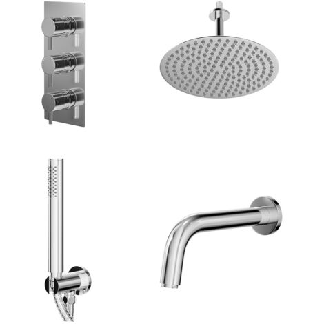 Wholesale Domestic Circo Polished Chrome Concealed Triple Thermostatic Shower Valve with Diverter and 300mm Round Head with 150mm Ceiling Arm and Clyde Slide Rail Kit with Bath Spout - 3 Outlet