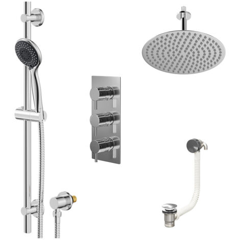 Wholesale Domestic Circo Polished Chrome Concealed Triple Thermostatic Shower Valve with Diverter and 300mm Round Head with 150mm Ceiling Arm and Clyde Slide Rail Kit with Free-Flow Bath Filler - 3 Ou
