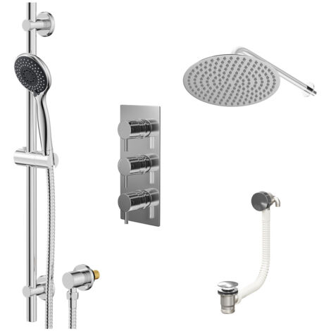 Wholesale Domestic Circo Polished Chrome Concealed Triple Thermostatic Shower Valve with Diverter and 300mm Round Head with 345mm Wall Arm and Clyde Slide Rail Kit with Free-Flow Bath Filler - 3 Outle