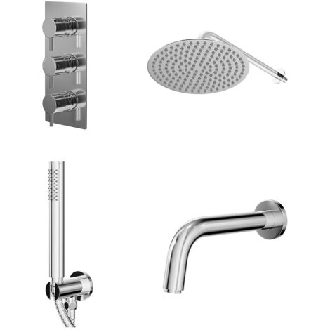 Wholesale Domestic Circo Polished Chrome Concealed Triple Thermostatic Shower Valve with Diverter and 300mm Round Head with 345mm Wall Arm and Outlet Holder with Kit and Bath Spout - 3 Outlet
