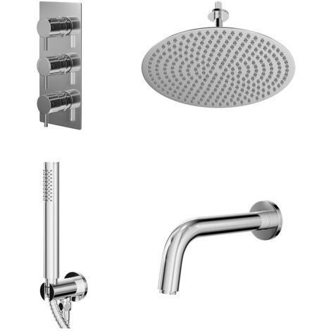 Wholesale Domestic Circo Polished Chrome Concealed Triple Thermostatic Shower Valve with Diverter and 400mm Round Head with 150mm Ceiling Arm and Clyde Slide Rail Kit with Bath Spout - 3 Outlet