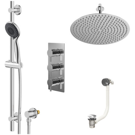Wholesale Domestic Circo Polished Chrome Concealed Triple Thermostatic Shower Valve with Diverter and 400mm Round Head with 150mm Ceiling Arm and Clyde Slide Rail Kit with Free-Flow Bath Filler - 3 Ou