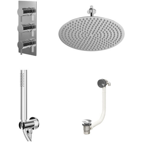 Wholesale Domestic Circo Polished Chrome Concealed Triple Thermostatic Shower Valve with Diverter and 400mm Round Head with 150mm Ceiling Arm and Outlet Holder with Kit and Free-Flow Bath Filler - 3 O