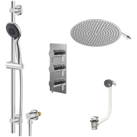 Wholesale Domestic Circo Polished Chrome Concealed Triple Thermostatic Shower Valve with Diverter and 400mm Round Head with 345mm Wall Arm and Clyde Slide Rail Kit with Free-Flow Bath Filler - 3 Outle