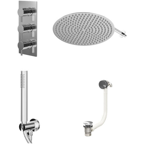 Wholesale Domestic Circo Polished Chrome Concealed Triple Thermostatic Shower Valve with Diverter and 400mm Round Head with 345mm Wall Arm and Outlet Holder with Kit and Free-Flow Bath Filler - 3 Outl
