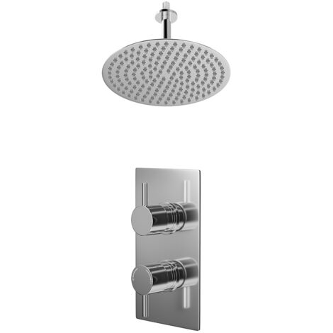 Wholesale Domestic Circo Polished Chrome Concealed Twin Thermostatic Shower Valve and 300mm Thin Round Fixed Head with 150mm Ceiling Arm - 1 Outlet