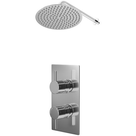 Wholesale Domestic Circo Polished Chrome Concealed Twin Thermostatic Shower Valve and 300mm Thin Round Fixed Head with Wall Arm - 1 Outlet